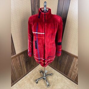 ZUKI MADE IN CANADA DYED RED INTARSIA SHEARED BEAVER FUR COAT JACKET SIZE 12 LRG
